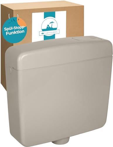Calmwaters® Spülkasten Grau mit Spül-Stopp-Funktion, 6-9 Liter Spülmenge, Aufputzspülkasten WC schmal, flacher Spülkasten Elements, Aufputz-Montage, Start-Stopp-Taste, Manhattan-Grau, 29HB2717