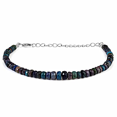 Natural Black Opal Faceted Bracelet, Multi Fire Ethiopian 925 Silver Jewelry, VN 556