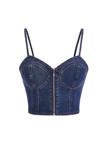 Milumia Women's Denim Bustier Crop Top Zip Front Spaghetti Strap