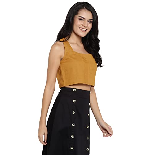 Image of DEEBACO Women's Regular Fit Cotton Pintuck Round Neck Solid Crop Top for Women Stylish Sleeveless One Piece Casual Girl Tops (White, Pink, Mustard)