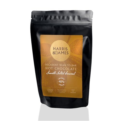 Harris & James Drinking Chocolate | Smooth Salted Caramel Milk Chocolate Flakes 250g | Decadent Bean To Bar Hot Chocolate From Cocao Beans | Hand Made in Small Batches