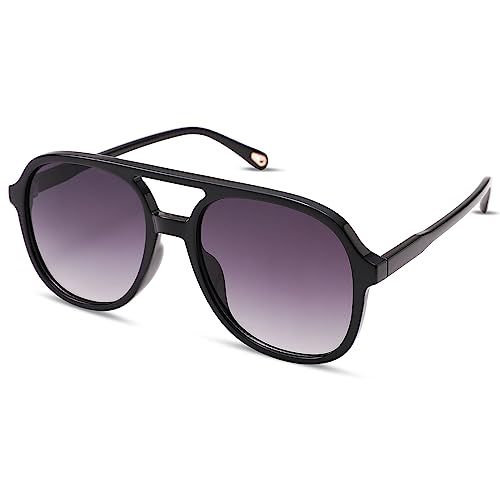 Pro Acme Retro Square Polarized Aviator Sunglasses for Womens Mens 70s Vintage Double Bridge Sun Glasses UV400 Protection (Black/Gradient Grey)