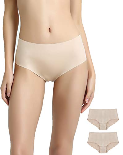 Vanever Women's No VPL Panties, 2 Pack, Invisible Hipster Underwear, Midi Waist No Panty Line Hipster Brief Nude 2XL