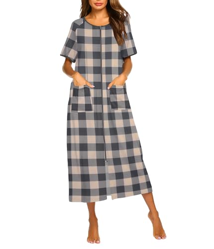 Image of Ekouaer Women Robe Zipper Short Sleeves Full Length House Coat with Pockets