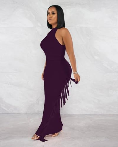 Image of 2 Piece Outfits for Women Sexy Halter Neck Sleeveless Crop Tops Ruched Bodycon Dresses Jumpsuits Fringe Skirt Sets