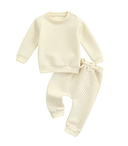 Image of Newborn Baby Boy Girl Clothes Gender Neutral Sweatsuit Unisex Solid Outfit Long Sleeve Warm Pullover Pant Set