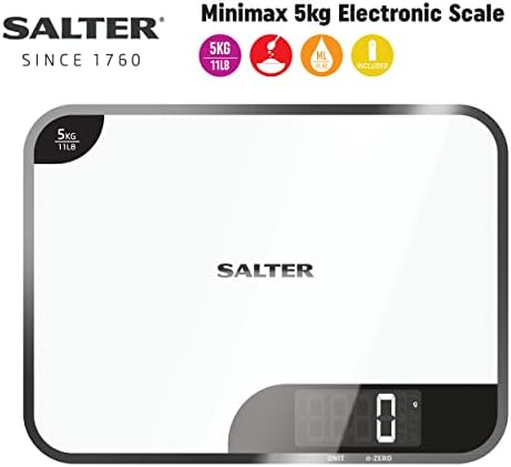 Salter 1064 WHDR Electronic Kitchen Scale, 5 kg Capacity, Easy Read Backlit Display, Add & Weigh Function, Measures Liquids and Fluids, Large Platform, Mirror Finish, Metric/Imperial, White