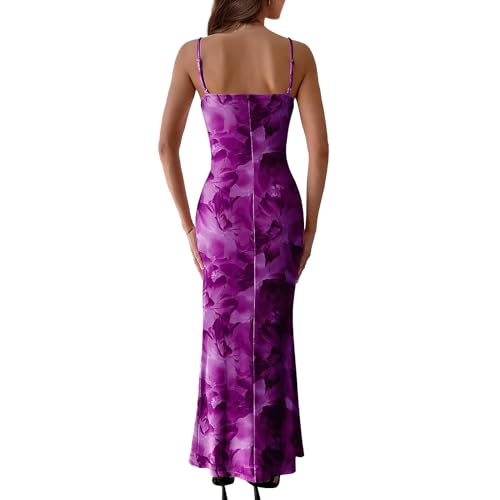 Image of Women's Spaghetti Strap Maxi Dress Floral Print Bodycon Long Dress Summer Beach Vacation Wedding Guest Outfits