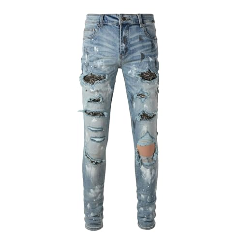 Jeans Pants Trousers Denim with Zircon Sequins Street Trendy Worn Holes Perforated Rough Edges Spray Painted Elastic Tight Fitting Small Leg for Men(Blue,31)
