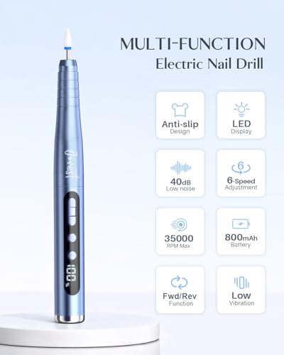 JOREST Nagelfrees, draagbare elektrische nagelvijl, professionele voetpedicure, 35.000 omw/min, semi-permanente nagelset, gelwederopbouw, nagelverzorging thuis of in de salon, aquablauw - Afbeelding 3