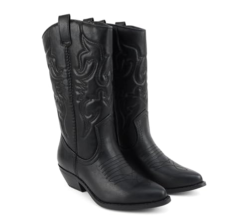 Image of Soda inchTELLER inch ~ Women's Western Cowboy Boots with Stitched Detailing, Pointed Toe, and Low Block Heel