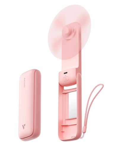 Image of Aecooly Slim Handheld Fan, USB Rechargeable, 24H Battery Life, 3-Speed, Foldable Pocket Fan for Travel, Desktop, Beige (Pink, 1 Pack with Mirror)