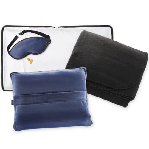 Lewis N. Clark Ultimate Comfort Set + Portable Travel Kit for Airplane, Includes Inflatable Pillow + Zippered Carrying Case, Cozy Fleece Blanket, Eye Mask for Sleeping & Foam Ear Plugs, Navy