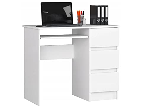 BDW Computertisch Weiß mit 3 Schubladen auf der rechten Seite und Einer ausziehbaren Schublade für die Tastatur. EIN Schreibtisch für einen Desktop- oder Laptop-Computer,90x77x50