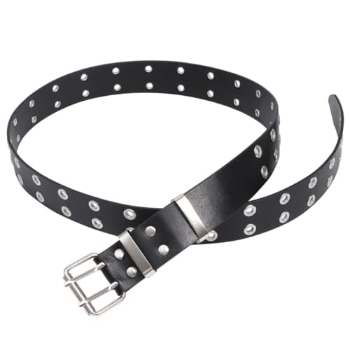 BESPORTBLE Punk Style Double Row Holes Belt Adjustable Black Waist Belt for Men and Women Simple Design for Casual Wear Sturdy PU Leather Material