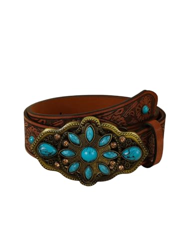 Women's Turquoise Belt Western Cowgirl Belt Vintage Floral Embossed Buckle Leather Waist Belts