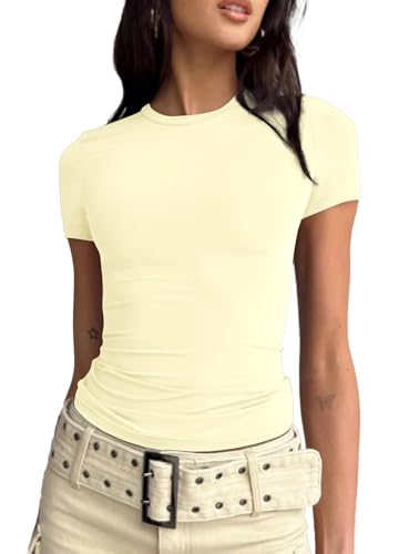 BAIGRAM Women’s Basic Slim fit Crop Top Tee Shirt Short Sleeve Workout Round Neck Cropped Tshirt