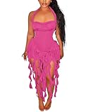 Aro Lora Womens Sexy Halter Neck Sleeveless Ruffle Tassel Party Club Bodycon Mini Dress Medium Hot Pink
