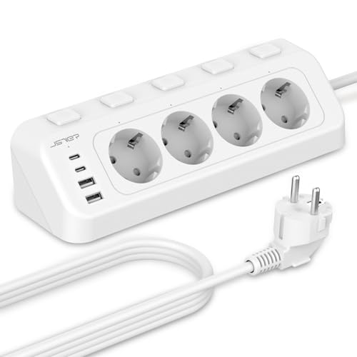 Multiprise d'angle avec USB et 2 Types C, JSVER Multiprise Electrique 4 Prises avec Interrupteurs Individuels, Bureau Bloc Multiprises (3680W 16A) USB avec...
