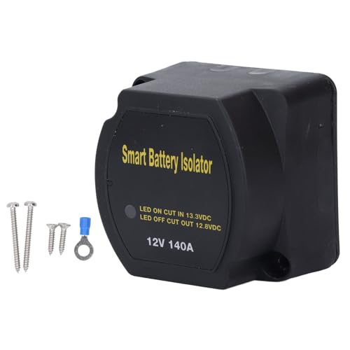 Heavy Duty Double Battery Isolator 140 Amp DC 12V Smart Automatic Disconnect Relay Compatible with Trucks RVs Boats and Campers IP68 Rated ABS Housing Charging Management Unit