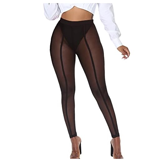 Sumche Women's Sheer Mesh Legging Tights - See Through Stretch Long Pants with Panties Black XL