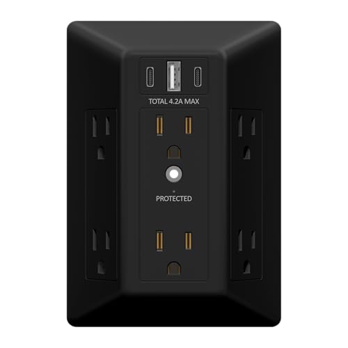 LIDER 6 Outlet Surge Protector Extender, 20W, 1500 Joules, Matte Black