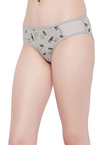 Image of Clovia Women's Cotton Low Waist Bee Print Bikini Panty with Powernet Panels in Grey