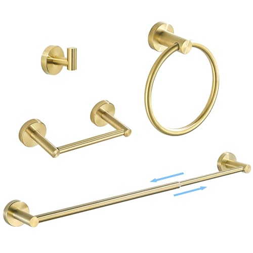 WEIKO Juego de accesorios de baño dorados, juego de accesorios de oro cepillado incluye barra de toalla de 15 a 24 pulgadas, soporte de papel higiénico, anillo de toalla, gancho para bata de pared,