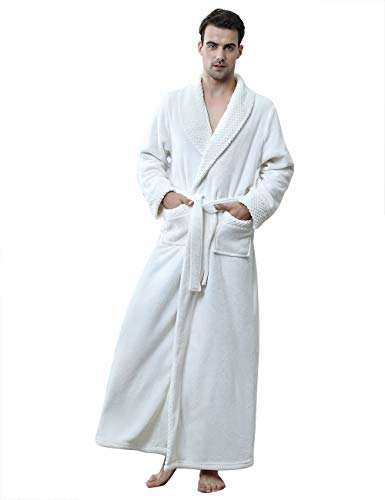Men’s Soft Warm Fleece Bath Robe Long Plush Robe with Pockets Couple Pajamas, White-XL