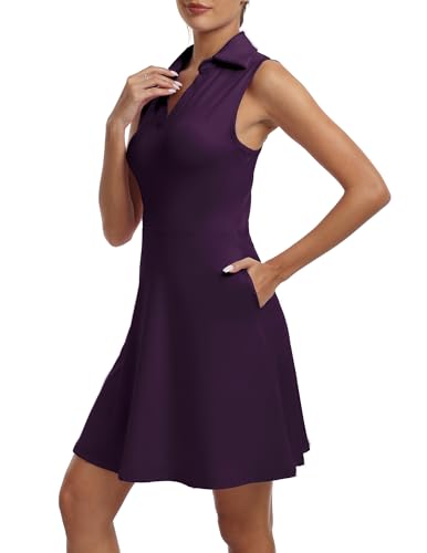 FKEEP Women's Golf Tennis Dress V-Neck with Shorts and Pocket Workout Athletic Dresses (Dark Purple, L)
