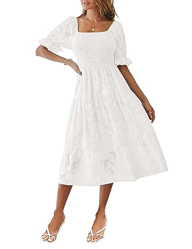 Amazon.com: MEROKEETY Womens 2024 Summer Short Puff Sleeve Smocked Square  Neck Floral Textured Tiered Midi Dress,Beige,M : Clothing, Shoes & Jewelry