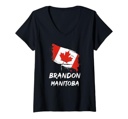 Womens Brandon Manitoba Canada Splatter Flag Trip Vacation V-Neck T-Shirt