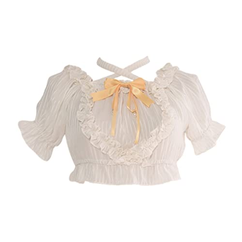 Image of Sweet Lolita Puff Short Sleeve Blouse Teen Girls Japanese Gothic Ruffle Halter Neck Soft Crop Top with Bow