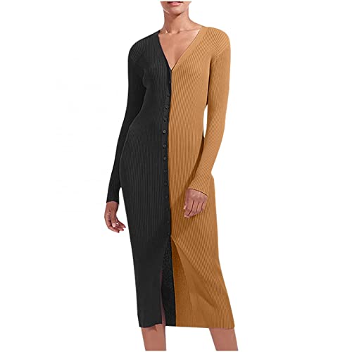 Women s Button Down Long Sleeve Cardigan Outerwear Sweater Dress V-Neck Bodycon Party Two-Tone Maxi Dress Brown