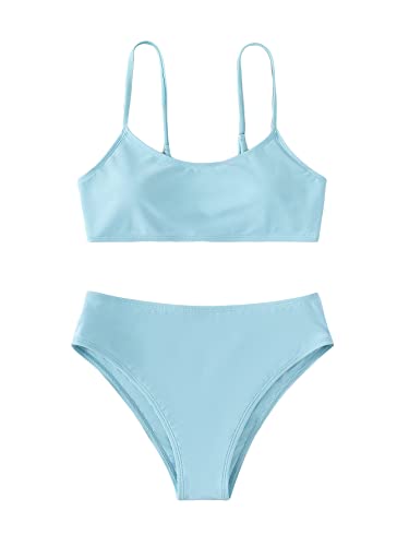 Shenhe Girl's 2 Piece High Waisted Spaghetti Strap Swimsuit Bathing Suit Bikini Sets Light Blue 12-13Y #TOP8