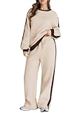 Herseas Women's Two Piece Outfits Contrast Trim Beige Sweatsuit Long Sleeve Crewneck Fashion Comfy Airport Outfit Lounge Wear