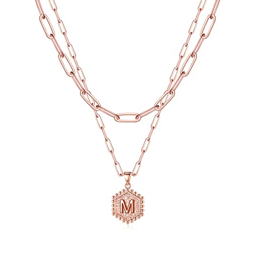 M MOOHAM Layering Initial Necklaces for Women - Cute Hexagon Letter Initial M Necklace Choker Necklace Layered Necklaces for Women