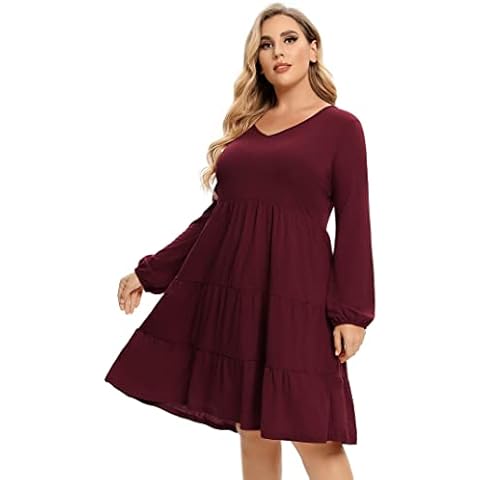 AMZ PLUS Women's Plus Size Casual Dress Lantern Long Sleeve Ruffle Hem V Neck Loose Swing Tunic Mini Dress (Long-Deep Wine 3XL) Cover