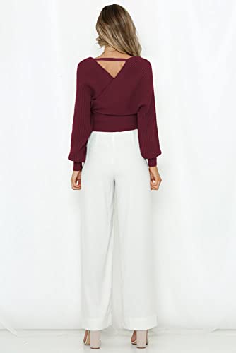 Image of ZAFUL Womens V Neck Cropped Wrap Sweaters Drop Shoulder Lantern Sleeve Pullover Tops Winter Sexy Cross Ribbed Clothes