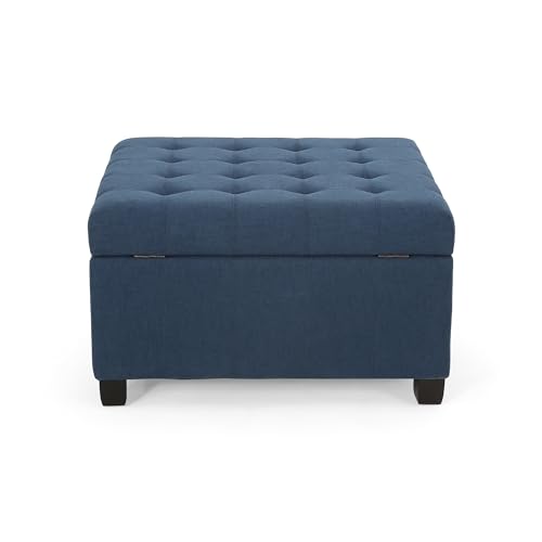 YOPTO 31" Square Storage Ottoman,Linen Footrest with Wooden Legs,Upholstered Button Tufted Coffee Table for Living Room,Navy Blue by YOPTO - Image 4