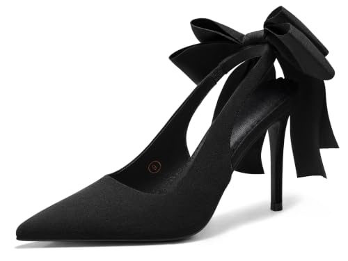 Image of Coutgo Womens Slingback High Heels with Bow Closed Pointed Toe Wedding Bride Dress Shoes Satin Pumps