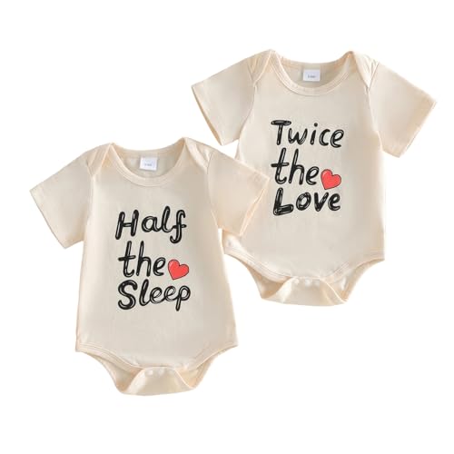 CREAIRY Half The Sleep Twice The Love Newborn Baby Boy Girl Twins Matching Outfits Short Sleeve Romper Summer Bodysuit Shirt (Beige 0-3 Months)