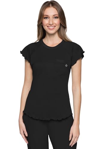 Med Couture Womens Scrub Top Short Sleeve Knit Medical Uniform T-Shirt with Chest Pocket Lettuce Edge - MC706, M, Black
