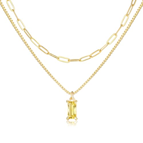 Pls Back Dainty Gold Charm Necklaces for Women Non Tarnish 14K Trendy Blue Green Cubic Zirconia Emerald Pendant Birthstone Necklaces Birthday Gifts for Women Waterproof Jewelry November(Citrine)