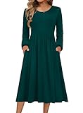 Zeagoo Midi Dresses for Women Long Sleeve Fall Dress Casual Crewneck Pleated A Line Flowy Party Dresses Dark Green