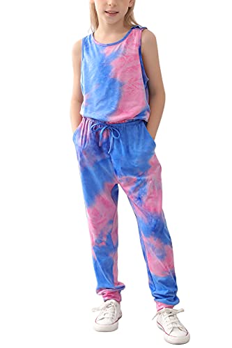 La Mejor Lista de Ropa de punto deportiva para Niña disponible en línea. 44 GORLYA - overol sin mangas para niña, estilo casual, sin mangas, para 4-14 años, Blue+pink Tie-dye, 12 Años