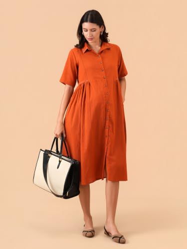 Image of The Mom Store Maternity & Nursing Midi Dress for Women | Pregnancy & Postpartum Wear | Cotton Flex Dress for New Mom | Trendy Stylish Comfortable Feeding Dress for Womens | Causal Office Formal Wear