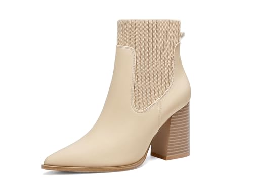 Image of Coutgo Women Ankle Boots Sock Booties Pointed Toe Chunky Stacked High Heel Knit Chelsea Winter Dress Booties