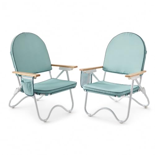 Image of 4-Position Padded Beach Chair Set of 2, Low Backpack Beach Chair | Wooden Armrests & Foldable Design, Side Pocket & Zippered Rear Pouch, Harbour Cypress Green