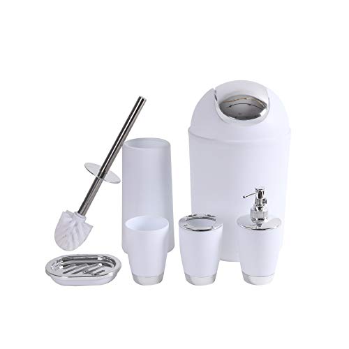 YCOCO Bathroom Accessories Set,6 Pcs Plastic Bathroom Accessories,Toothbrush Holder,Mouthwash Cup,Soap Dispenser,Soap Dish,Toilet Brush,Trash Can,White